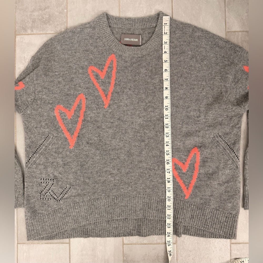 Zadig & Voltaire Markus Pink Hearts Cashmere Long Sleeve Sweater Gray Size Small - Picture 9 of 9